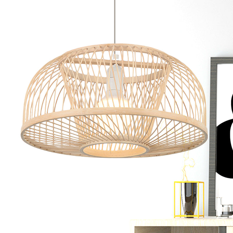 Asian Style Beige Bamboo Pendant Light For Living Room - Domed Ceiling Hanging With 1 Head