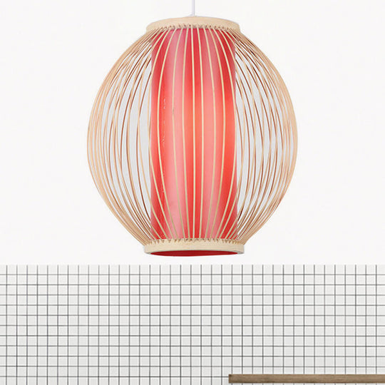 Bamboo Hanging Light Fixture with Chinese Style Suspension - 1-Light Global Kitchen Lamp, Inner Red Cylinder Shade