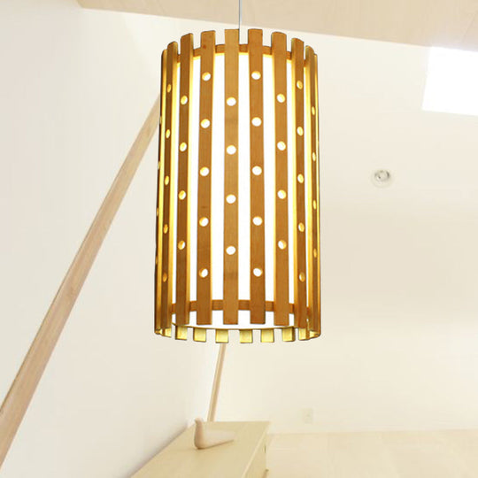 Hollow Bamboo Cylinder Ceiling Light: Modern Beige Hanging Lamp for Living Room, Single Bulb