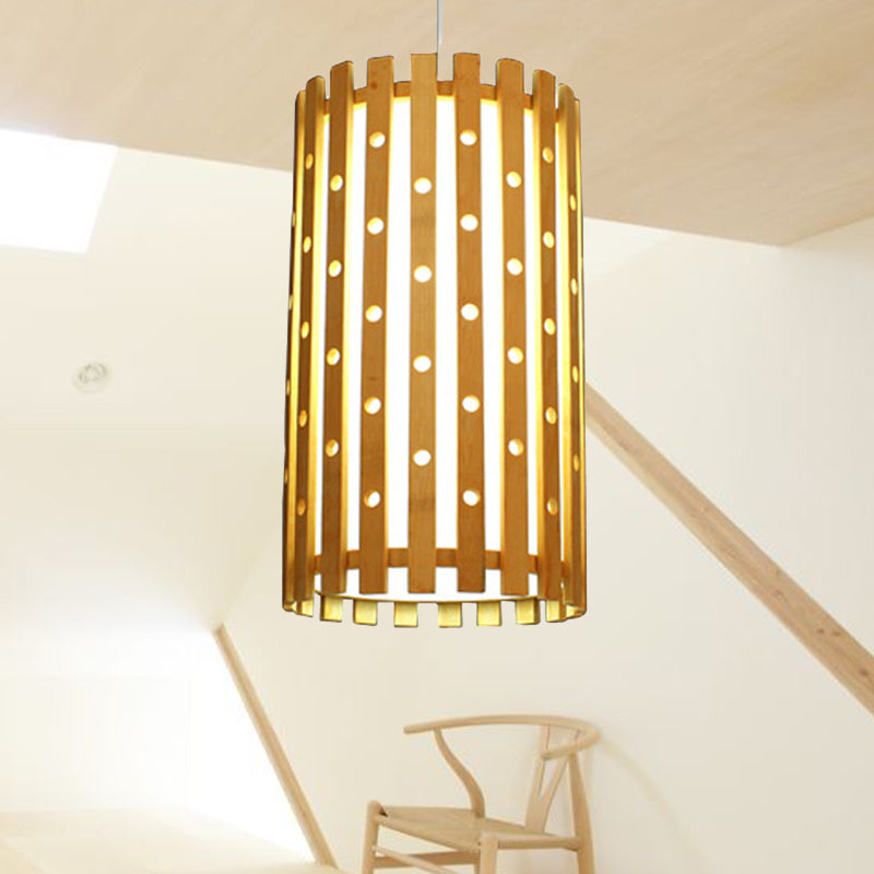 Hollow Bamboo Cylinder Ceiling Light: Modern Beige Hanging Lamp for Living Room, Single Bulb