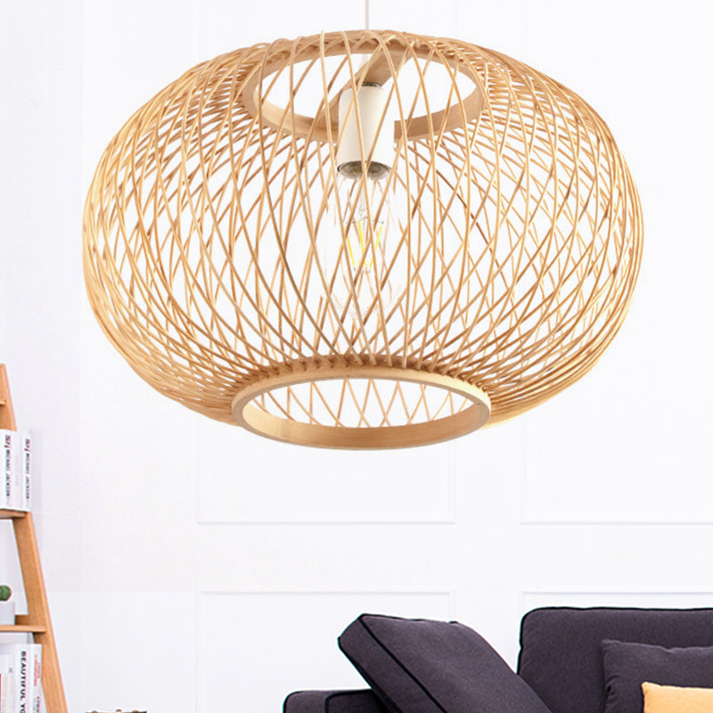 Bamboo Round Drum Pendant Light - Asian Style Hanging Lamp For Living Room 16/19.5 Wide