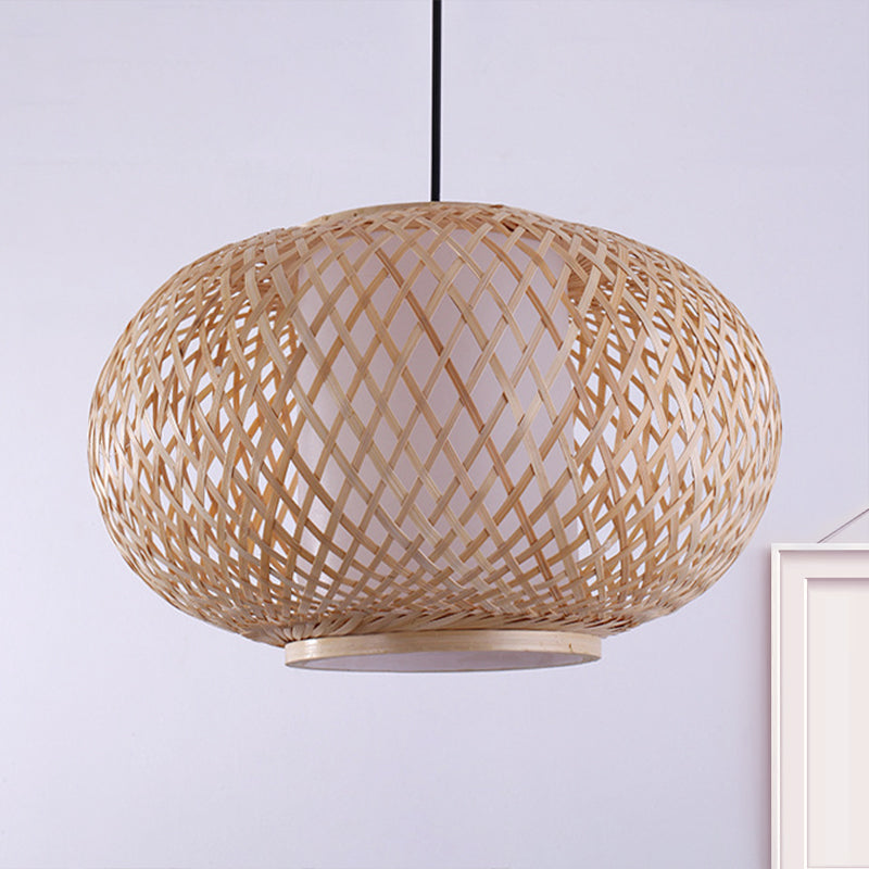 Asian Style Bamboo Pendant Light With Cross Woven Design And Curved Drum Shape For Restaurant