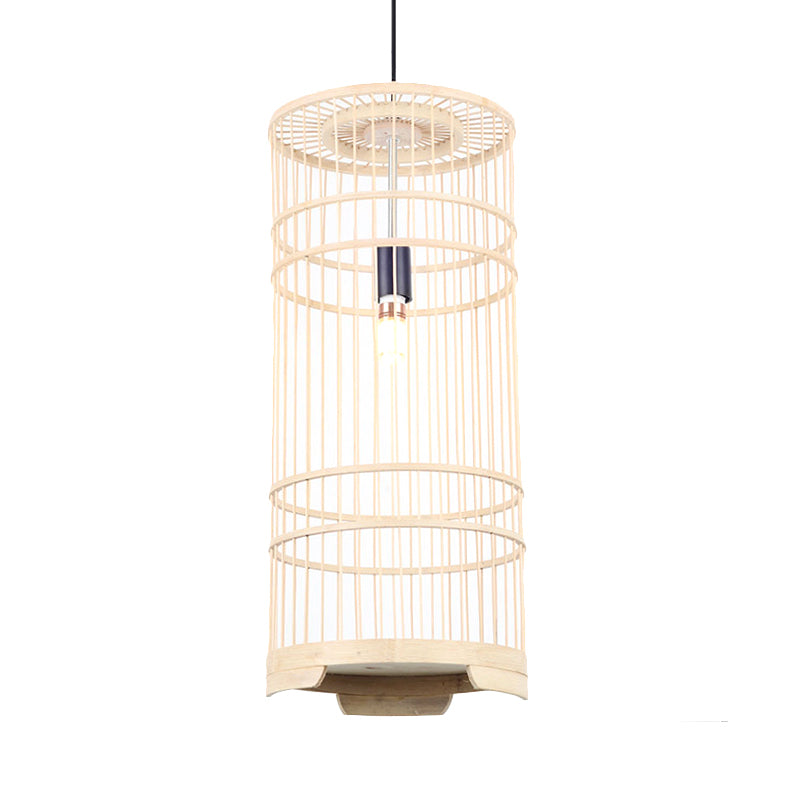 Asian Style Bamboo Pendant Light With Cylindrical Shade - 1-Bulb Beige Lamp For Dining Room