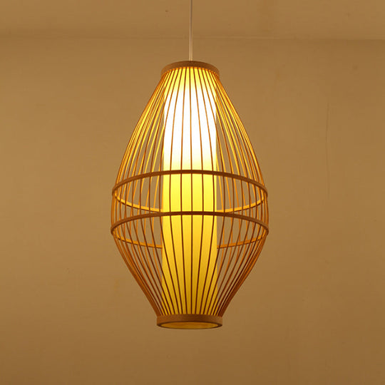 Hand-Woven Beige Hanging Light: Asian Style 1-Light Bamboo Pendant Lamp