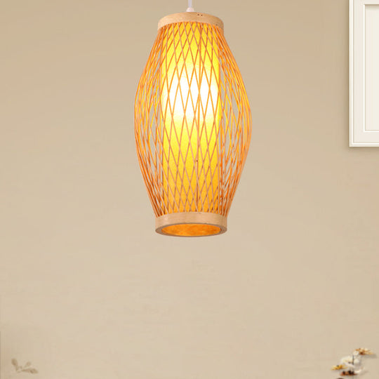 Modern Beige Cross Woven Pendant Hanging Light With Oval Shade - 1 Head Bamboo Lamp