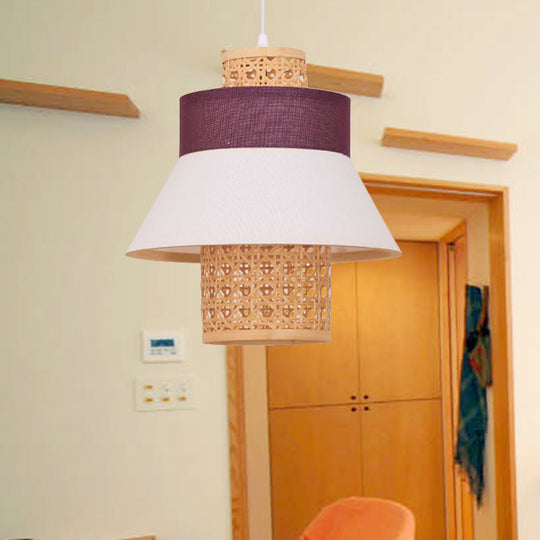 Asian-Inspired Bedroom Pendant Lamp With Handcrafted Green/Purple Fabric And Bamboo Interior Shade