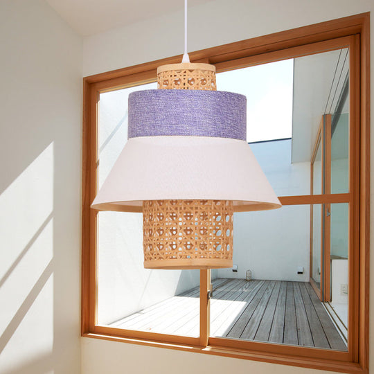 Asian-Inspired Bedroom Pendant Lamp With Handcrafted Green/Purple Fabric And Bamboo Interior Shade