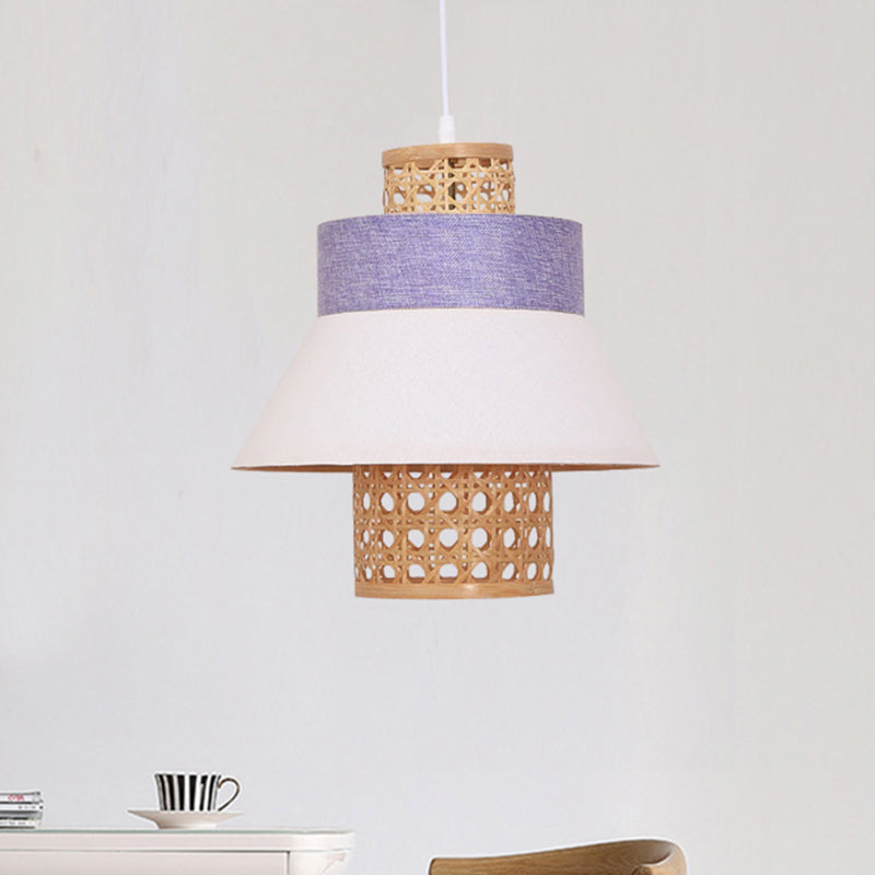 Asian-Inspired Bedroom Pendant Lamp With Handcrafted Green/Purple Fabric And Bamboo Interior Shade