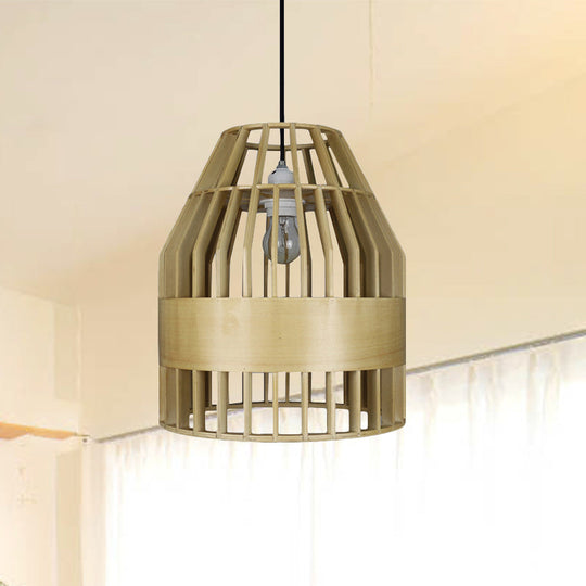 Japanese Wooden Pendant Light Fixture - Yellow Bird Cage Design For Restaurant Hanging Ceiling