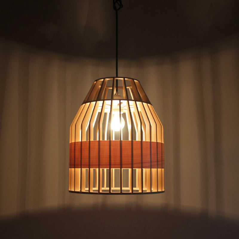 Japanese Wooden Pendant Light Fixture - Yellow Bird Cage Design For Restaurant Hanging Ceiling