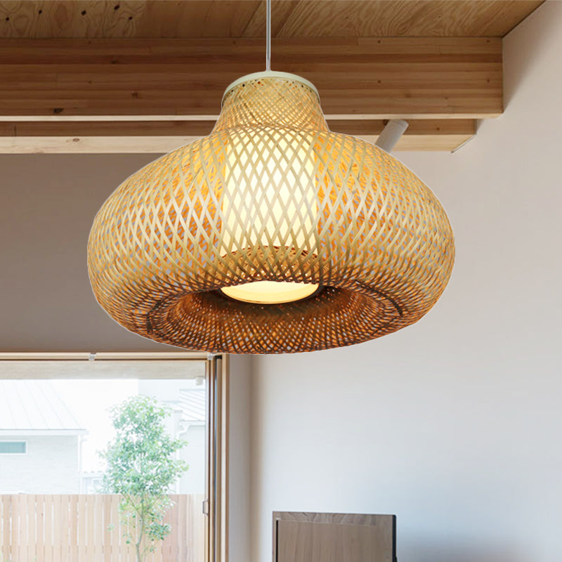 Bamboo Gourd Pendant Light: Chinese 1-Light Beige Hanging Lamp For Restaurants & Hotels