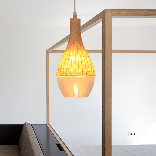 Bamboo Hanging Pendant Single Light Yellow Lamp With Clear Glass Shade - Teardrop/Onion Design 6/10