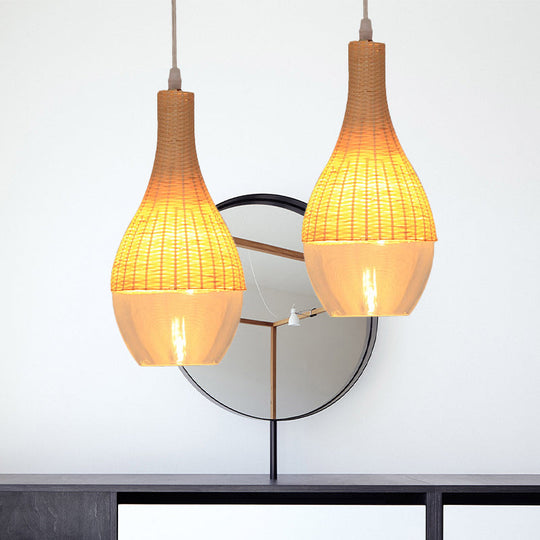 Bamboo Hanging Pendant Single Light Yellow Lamp With Clear Glass Shade - Teardrop/Onion Design 6/10