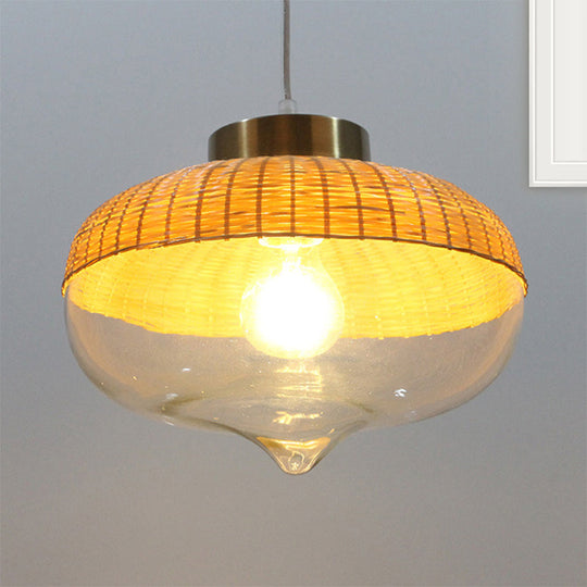 Modern Bamboo Hanging Pendant Light - 6"/10" Wide, Teardrop/Onion, Single Light, Yellow Suspension Lamp with Clear Glass Shade