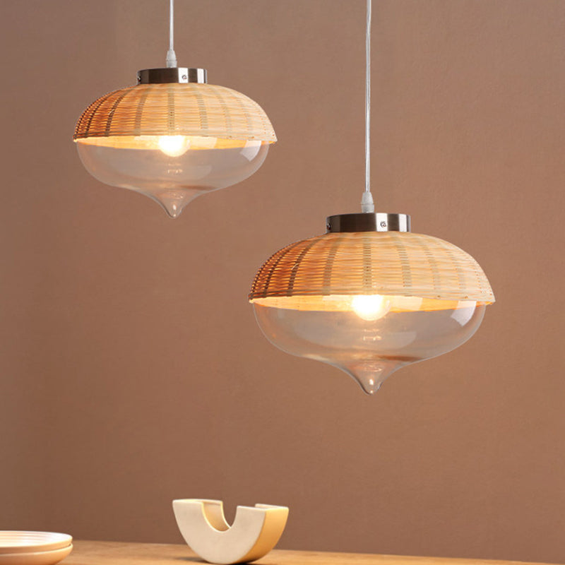 Bamboo Hanging Pendant Single Light Yellow Lamp With Clear Glass Shade - Teardrop/Onion Design 6/10