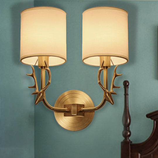 Modern 1/2 Lights Wall Sconce With Fabric Shade - Black/Gold Cylinder Mount Fixture Featuring Metal