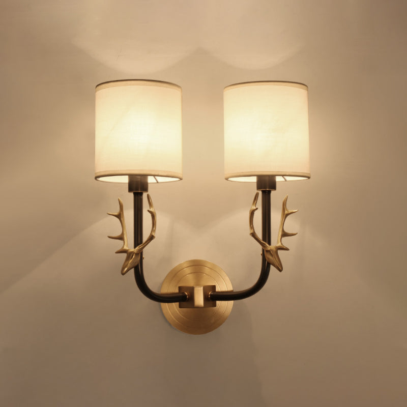 Modern 1/2 Lights Wall Sconce With Fabric Shade - Black/Gold Cylinder Mount Fixture Featuring Metal