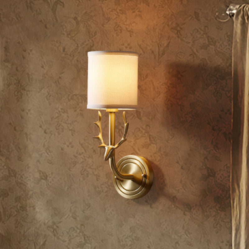 Modern 1/2 Lights Wall Sconce With Fabric Shade - Black/Gold Cylinder Mount Fixture Featuring Metal