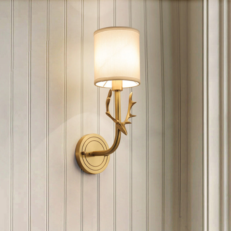 Modern 1/2 Lights Wall Sconce With Fabric Shade - Black/Gold Cylinder Mount Fixture Featuring Metal