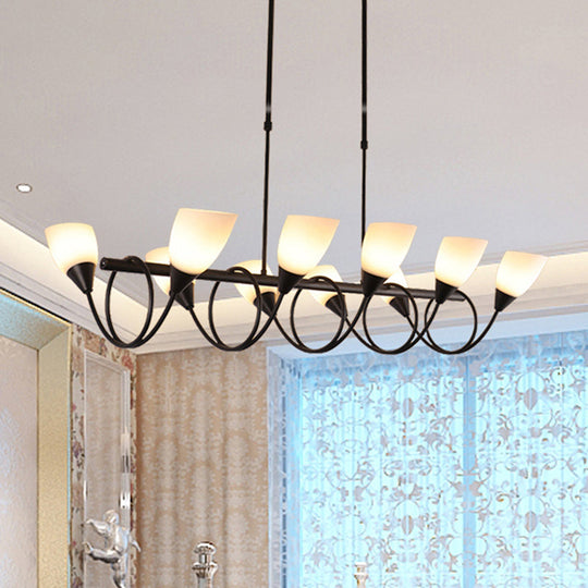 Vintage Black Cup Chandelier Light - 6/8/10 Lights White Glass Led Pendant Lamp With Linear Design