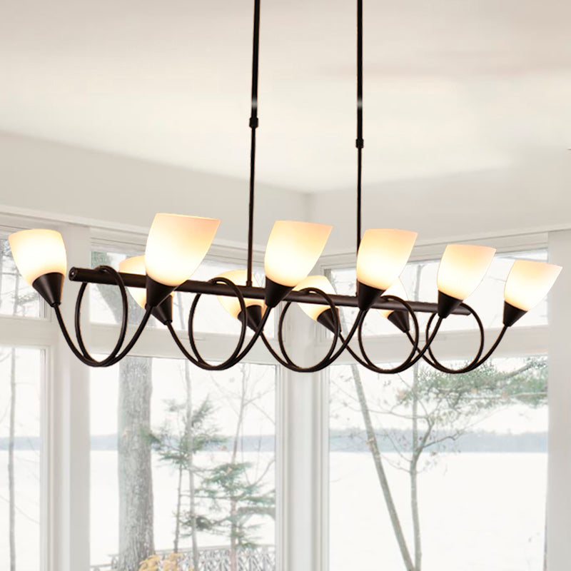 Vintage Black Cup Chandelier Light - 6/8/10 Lights White Glass Led Pendant Lamp With Linear Design