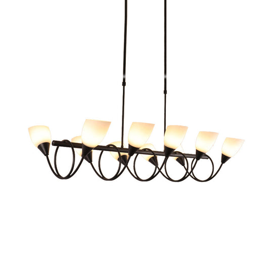 Vintage Black Cup Chandelier Light - 6/8/10 Lights White Glass Led Pendant Lamp With Linear Design