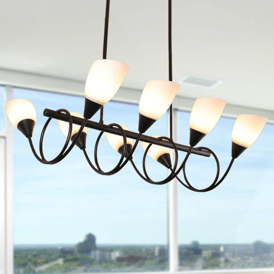 Vintage Black Cup Chandelier Light - 6/8/10 Lights White Glass Led Pendant Lamp With Linear Design 8