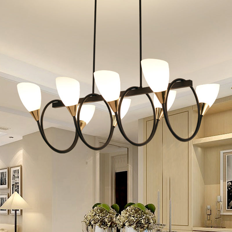 Vintage Black Cup Chandelier Light - 6/8/10 Lights White Glass Led Pendant Lamp With Linear Design