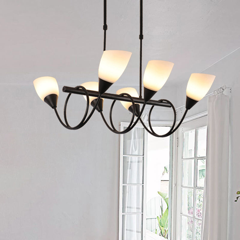 Vintage Black Cup Chandelier Light - 6/8/10 Lights White Glass Led Pendant Lamp With Linear Design 6