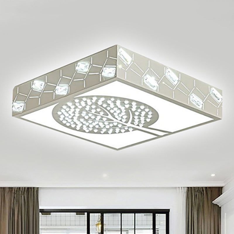 Nordic Metal Led Bedroom Ceiling Lamp - Square Box Flush Mount With Crystal Bead & Tree Pattern