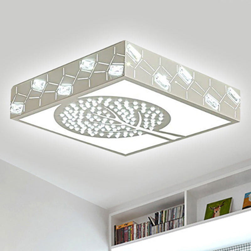 Plafonnier LED en métal nordique pour chambre à coucher - Montage encastré en forme de boîte carrée avec perles de cristal et motif d'arbre, lumière blanche/chaude