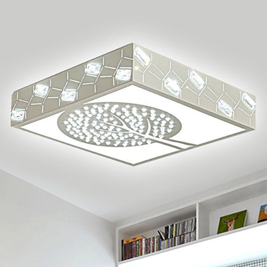 Nordic Metal Led Bedroom Ceiling Lamp - Square Box Flush Mount With Crystal Bead & Tree Pattern