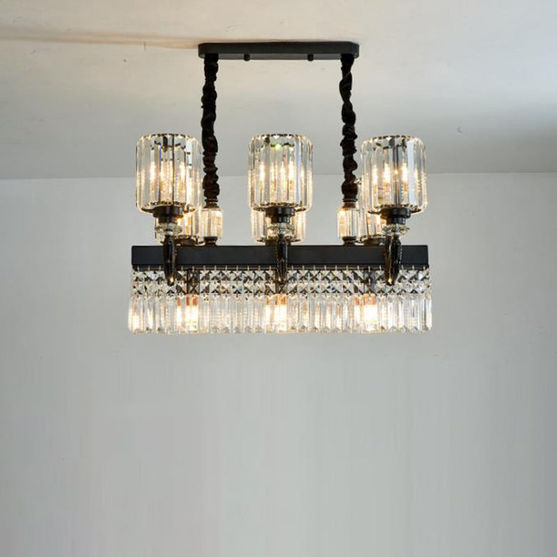 Modern Black Crystal Prism Island Pendant Lamp With Fringe - 9-Head Cylindrical Style