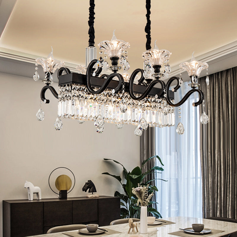 Vintage Black Crystal Prism Island Pendant Lamp - 9 Lights With Flared Suspension And Scroll Arm