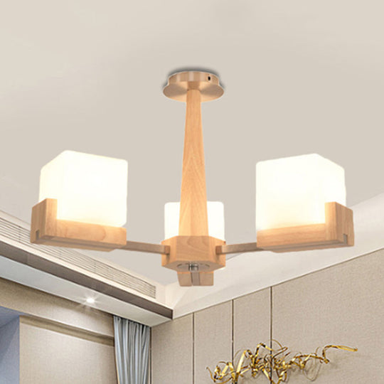 Modern Wood Radial Semi Flush Ceiling Lamp with White Glass Shade - 3/5/8 Lights, Beige Fixture