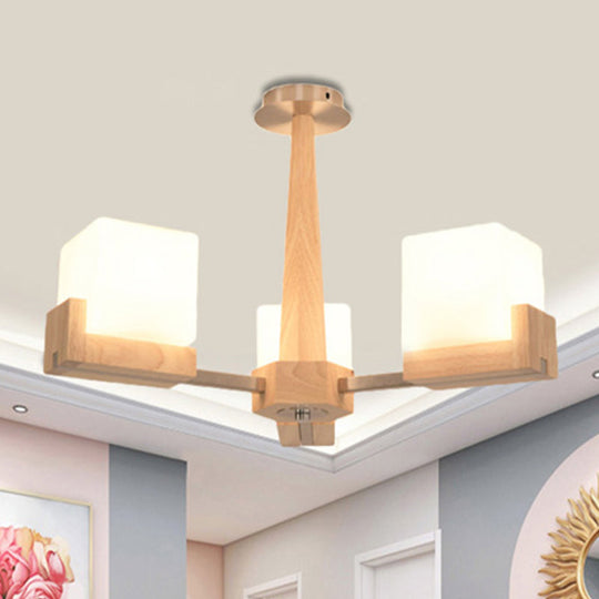 Modern Wood Radial Semi Flush Ceiling Lamp with White Glass Shade - 3/5/8 Lights, Beige Fixture