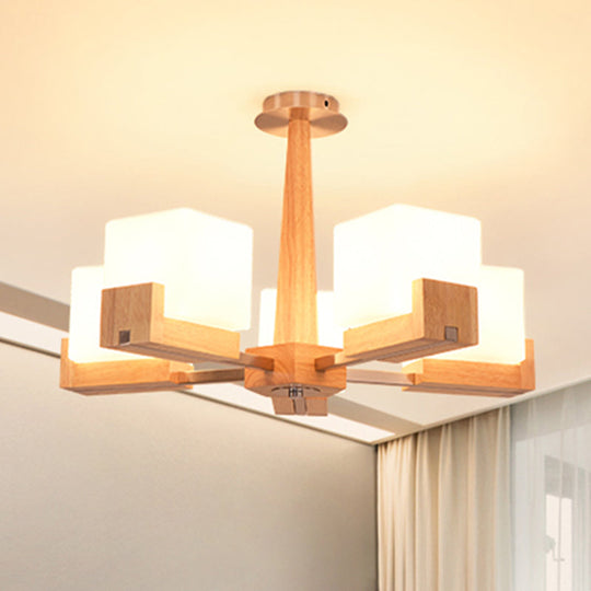 Modern Wood Radial Semi Flush Ceiling Lamp with White Glass Shade - 3/5/8 Lights, Beige Fixture