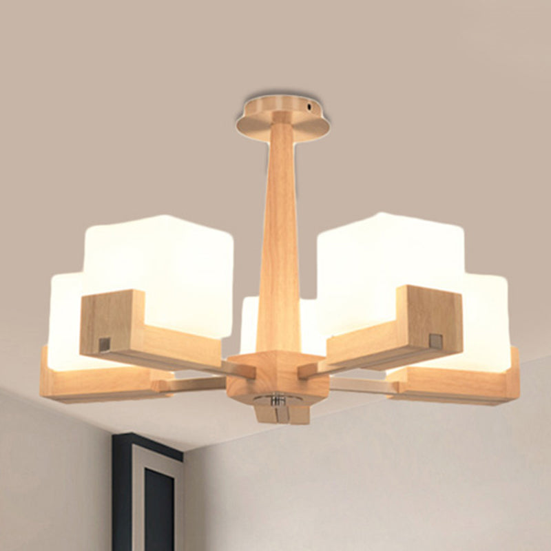 Modern Wood Radial Semi Flush Ceiling Lamp with White Glass Shade - 3/5/8 Lights, Beige Fixture