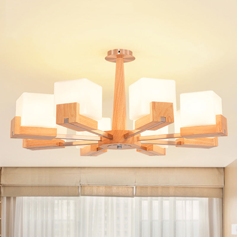 Modern Wood Radial Semi Flush Ceiling Lamp with White Glass Shade - 3/5/8 Lights, Beige Fixture