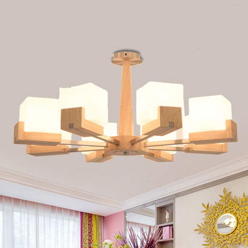 Modern Wood Radial Semi Flush Ceiling Lamp with White Glass Shade - 3/5/8 Lights, Beige Fixture