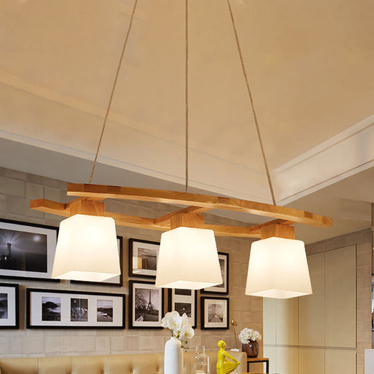 Nordic Hang Lamp: Triple Light Glass & Wood Dining Room Island Lighting With Square Shade