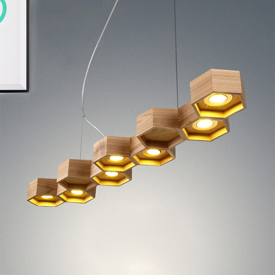 Modern Hexagonal Wooden Ceiling Light Fixture For Living Room - 5/7-Light Island Lighting