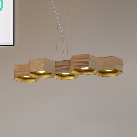 Modern Hexagonal Wooden Ceiling Light Fixture For Living Room - 5/7-Light Island Lighting 5 / Wood