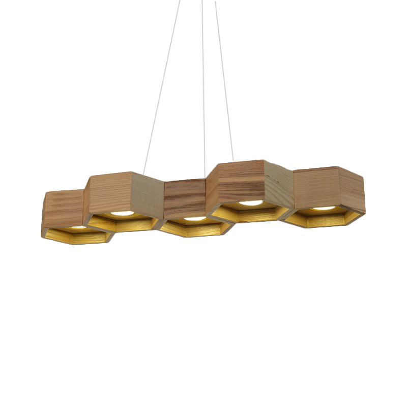 Modern Hexagonal Wooden Ceiling Light Fixture For Living Room - 5/7-Light Island Lighting