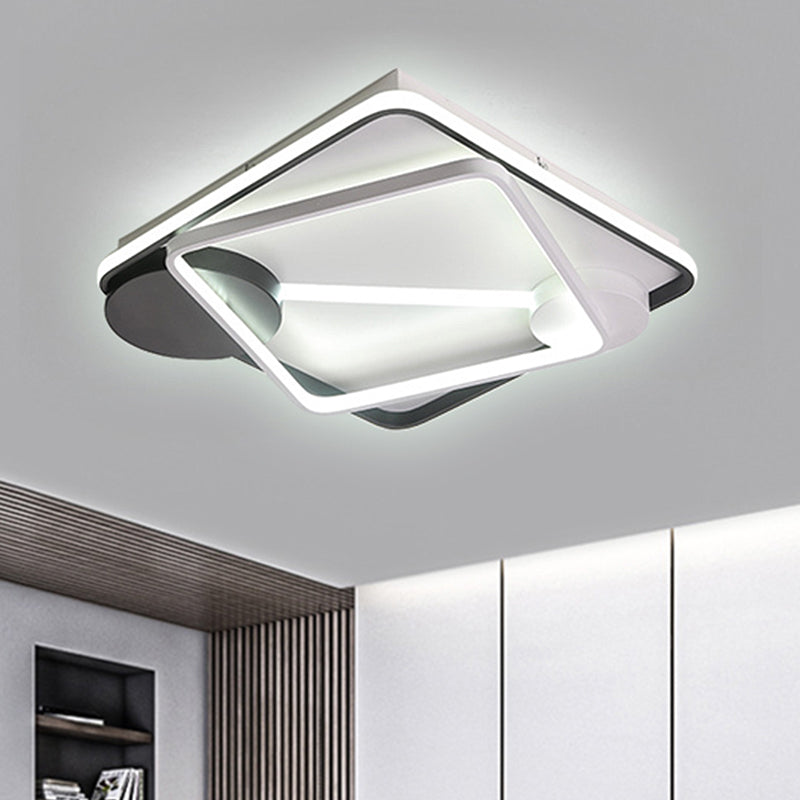 Modern LED Metal Semi Flush Mount Lamp - 16"/19.5"/35.5" Wide, Black and White Square/Rectangle Design, White/Warm Light