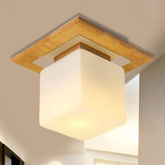 Modern Wood Square Semi Flush Mount Light with Milk Glass Shade