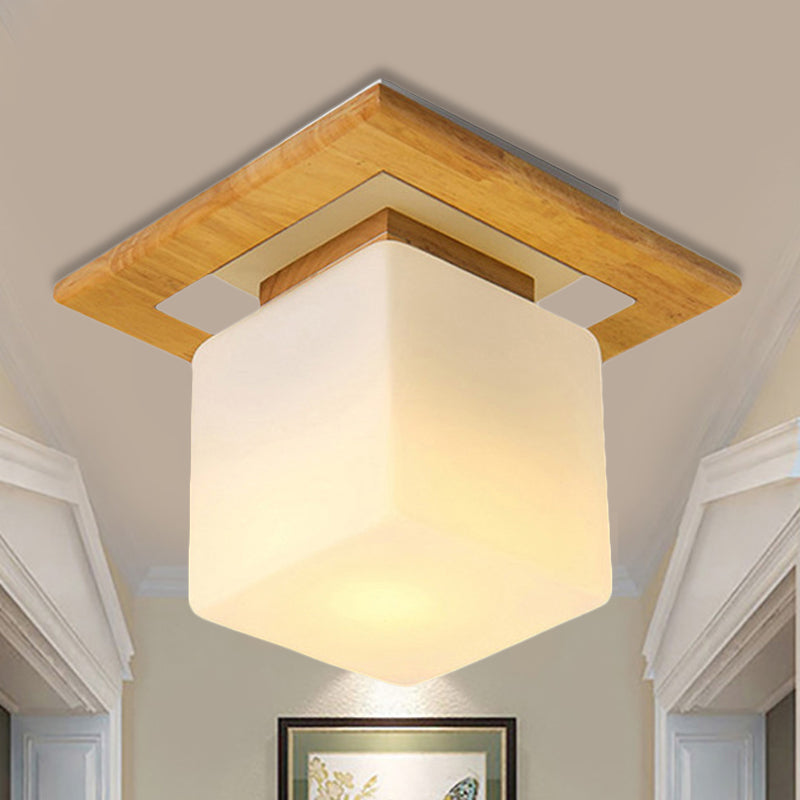 Modern Wood Square Semi Flush Mount Light with Milk Glass Shade