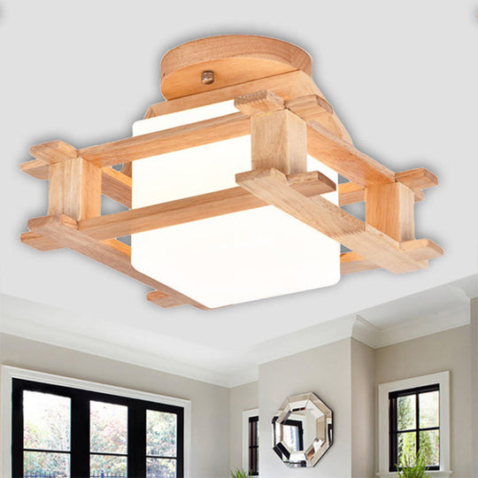 Modernist Wood Square Semi Flush Mount with White Glass Shade - 1-Light Beige Lamp Fixture