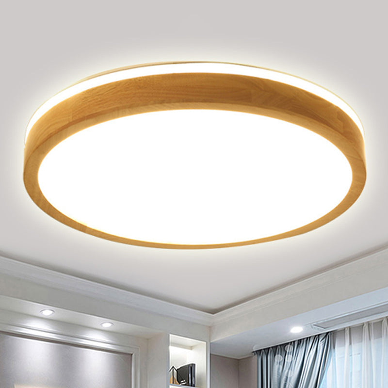 Modern Round Wooden 1-Light LED Flush Mount Ceiling Fixture with Frosted Diffuser - 3 Sizes Available