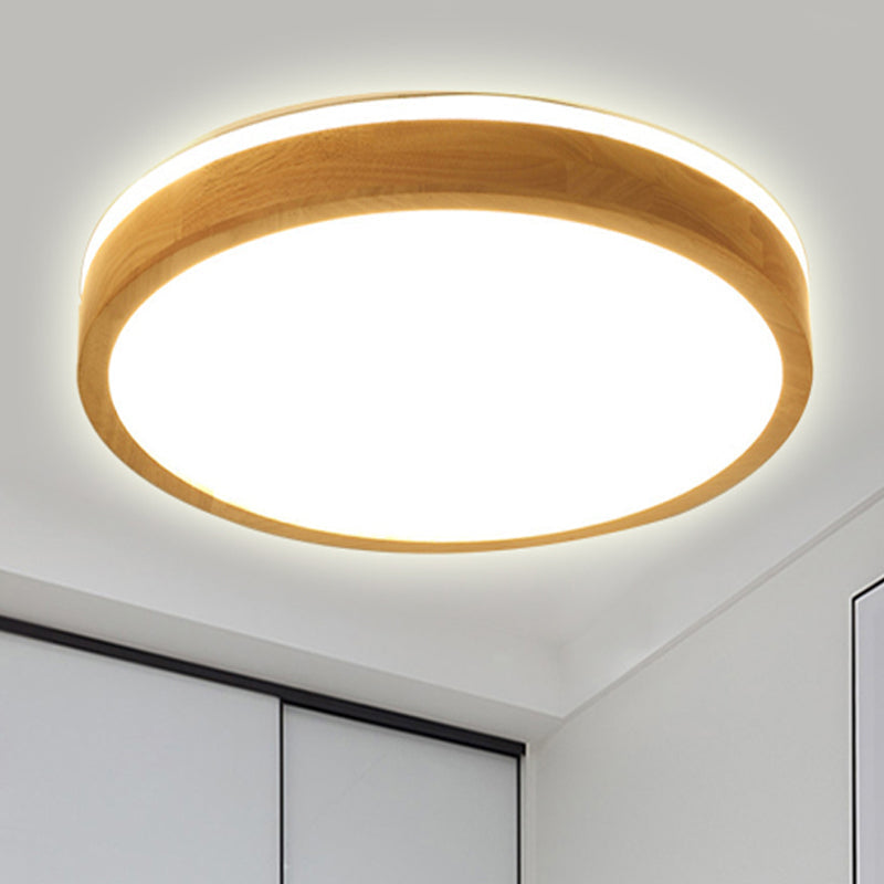 Modern Round Wooden 1-Light LED Flush Mount Ceiling Fixture with Frosted Diffuser - 3 Sizes Available